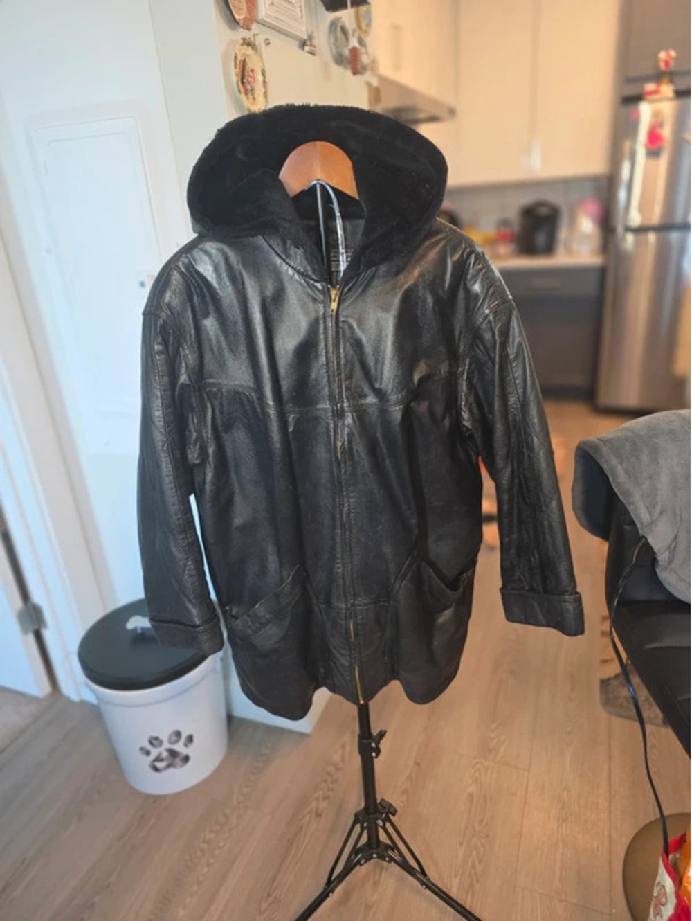 Windriver Black Leather Hooded Jacket with Quilted Lining